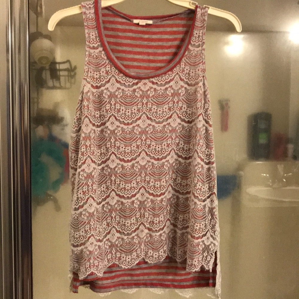 Anthropologie Stripped Tank Top with Lace Overlay